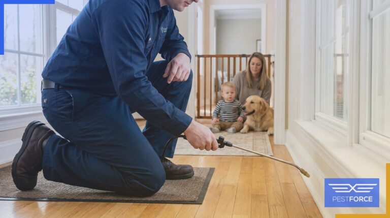 A pest control technician applying a pet-safe and child-safe treatment along a home baseboard while a parent keeps a child and dog safely separated in another room.