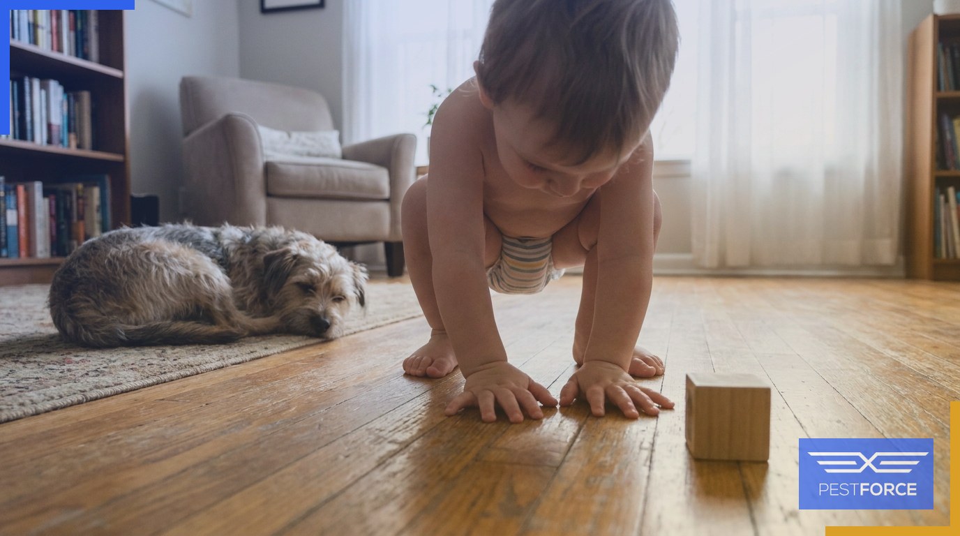 A toddler and a dog at floor level in a home living room, illustrating how children and pets share direct contact with surfaces where pesticide residues can settle.