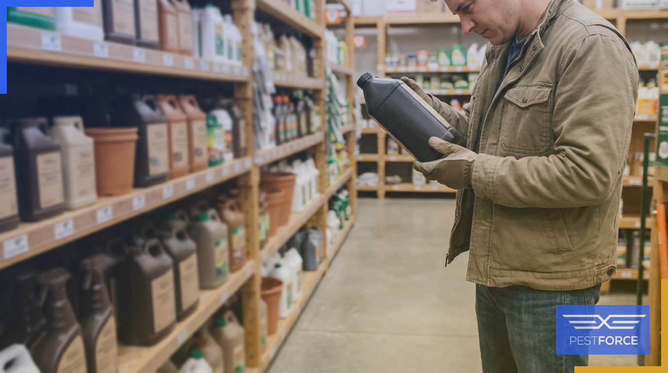 A homeowner carefully examining the front panel of a pest control product container in a hardware store aisle.