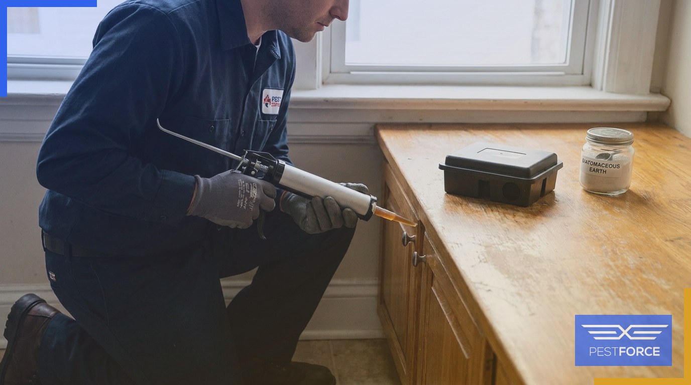 A pest control technician performing a crack-and-crevice gel application inside a kitchen cabinet gap alongside tamper-resistant bait stations and diatomaceous earth.
