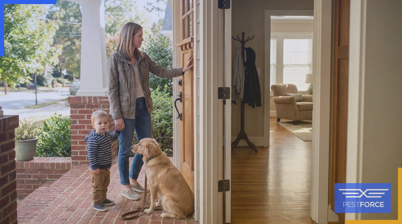 A parent, child, and leashed dog waiting on the front porch steps of a home during the re-entry interval following a pest control treatment.