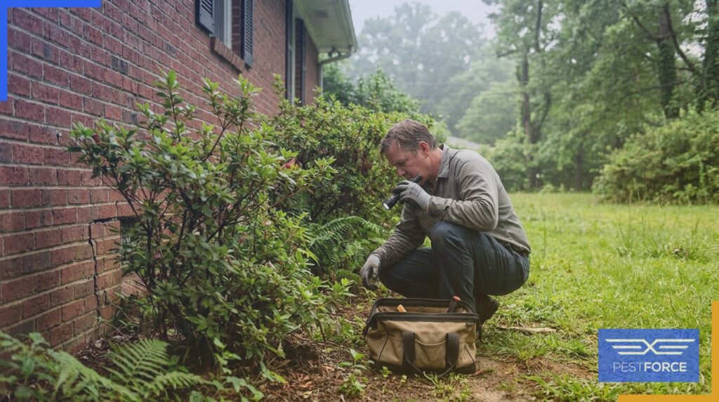 A homeowner inspecting the exterior foundation of a brick house for potential pest entry points.