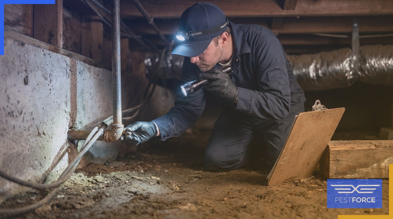 A pest control technician inspecting a utility pipe penetration inside a residential crawl space.