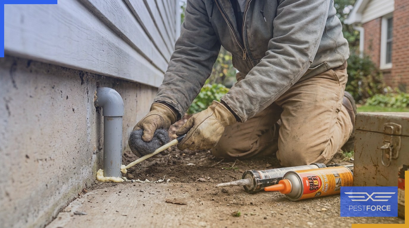 A worker sealing a foundation gap around a plumbing pipe with foam and steel wool to block pest entry.