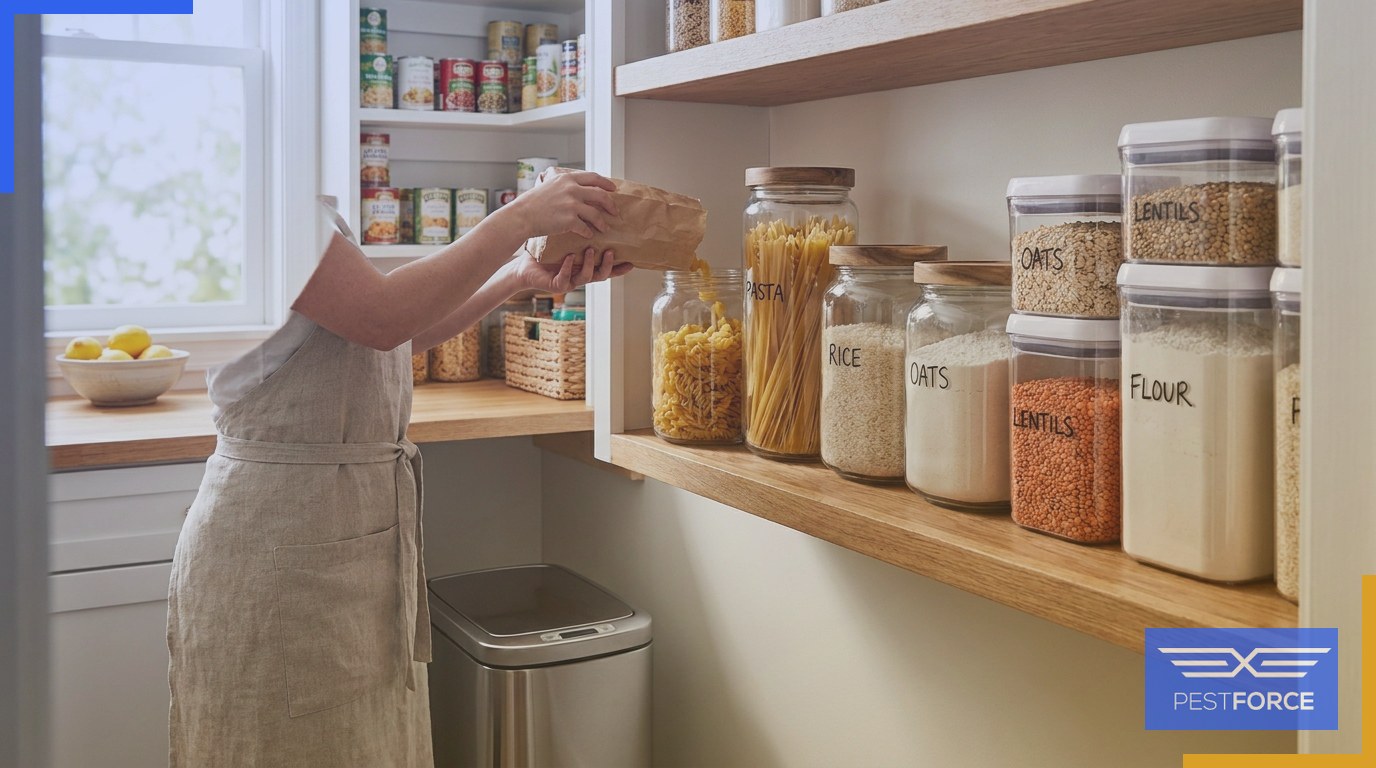 A person organizing dry pantry goods into airtight storage containers to eliminate pest food sources.
