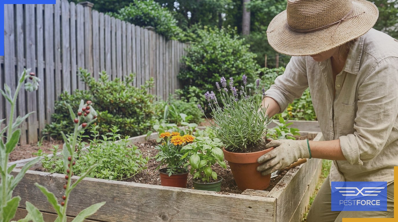 A gardener tending to pest-repelling plants including lavender, basil, and marigolds in a backyard herb garden.