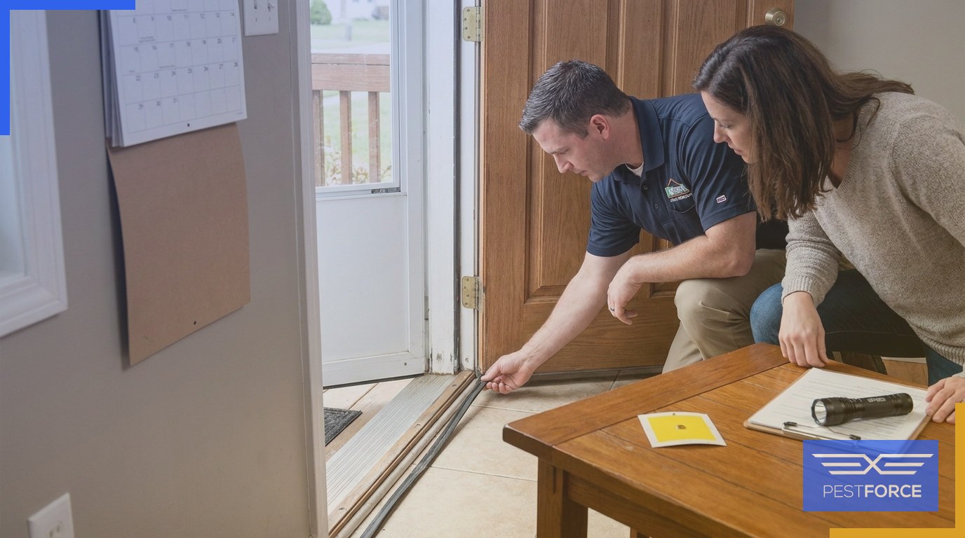 A pest control professional and homeowner reviewing door weatherstripping as part of a layered pest prevention inspection.