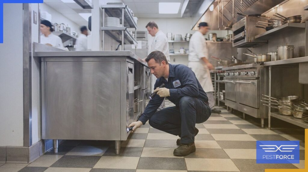 A pest control technician inspecting the base of a stainless steel prep station inside a commercial restaurant kitchen.