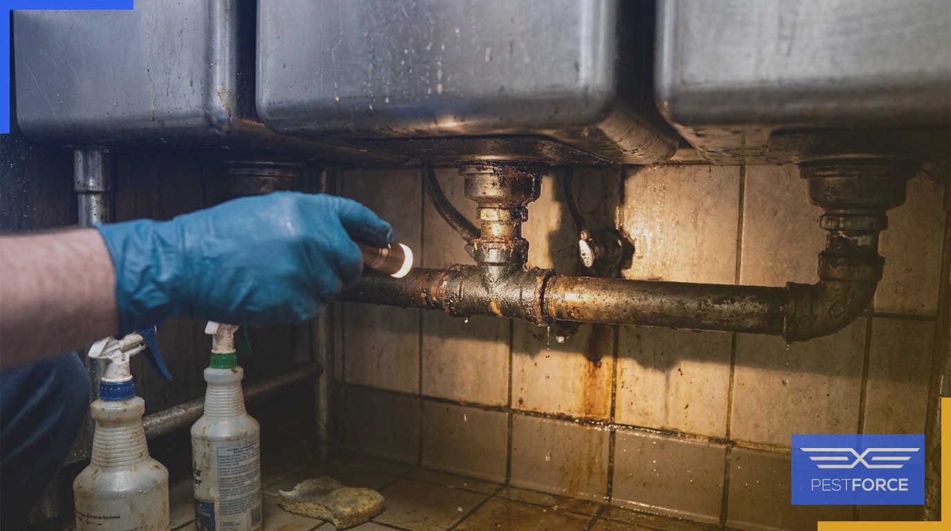 A pest control technician examining the damp, greasy underside of a commercial kitchen three-compartment sink with a flashlight.