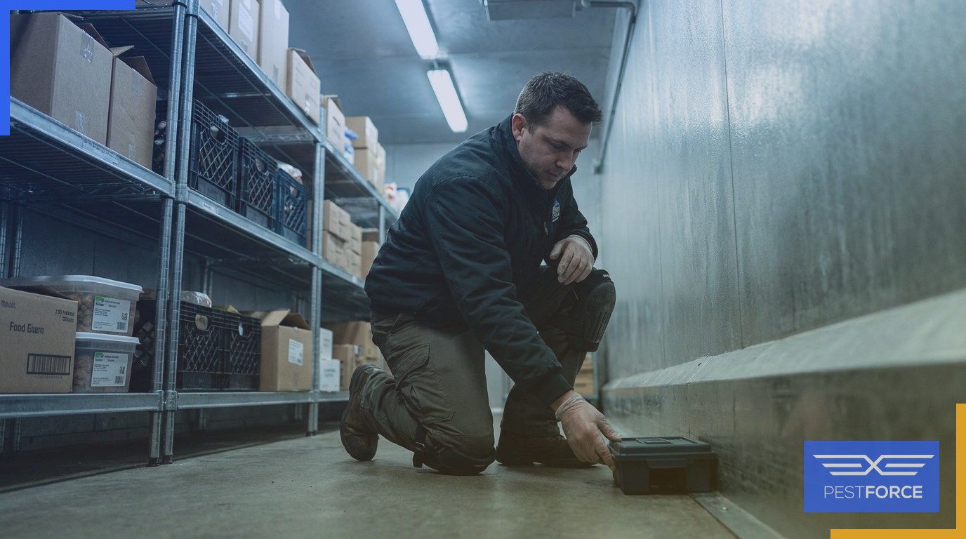A pest control technician placing an integrated pest management monitoring trap inside a commercial walk-in cooler.