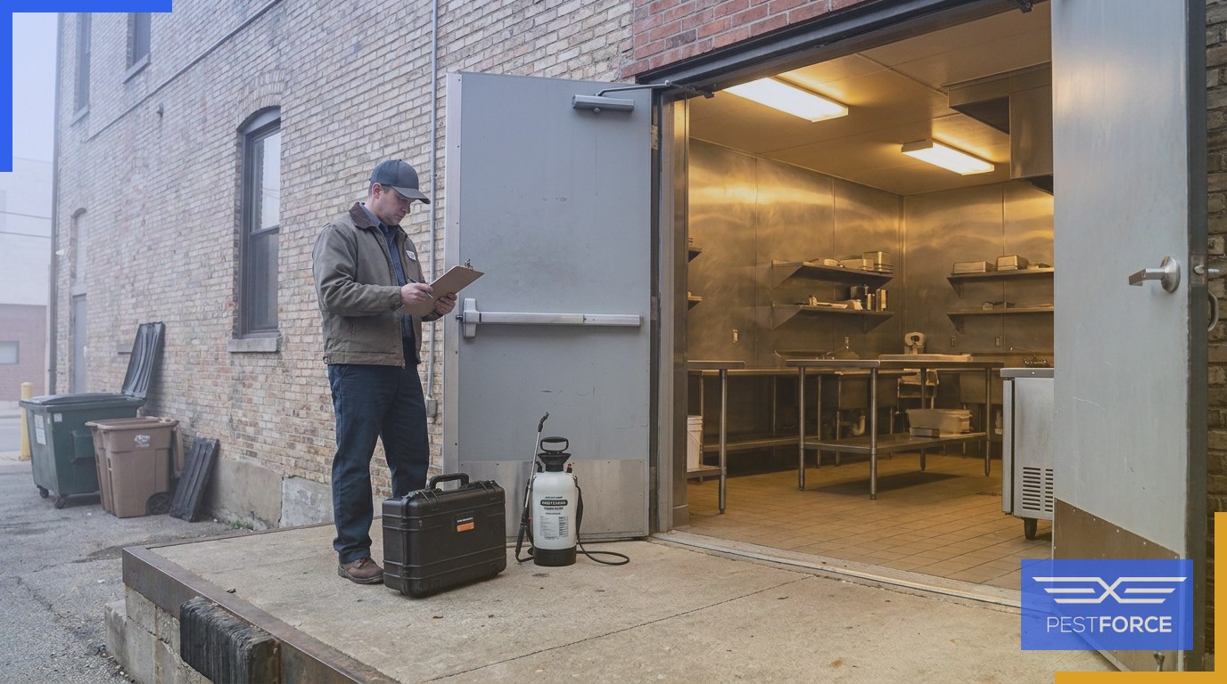 A pest control technician arriving at a restaurant back entrance with service equipment before the kitchen opens for the day.