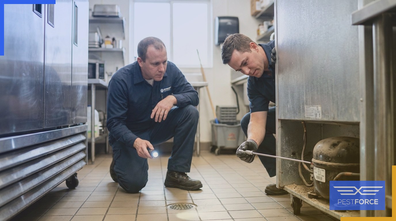 Pest control technicians treating a commercial refrigeration unit compressor and a floor drain inside a restaurant kitchen.