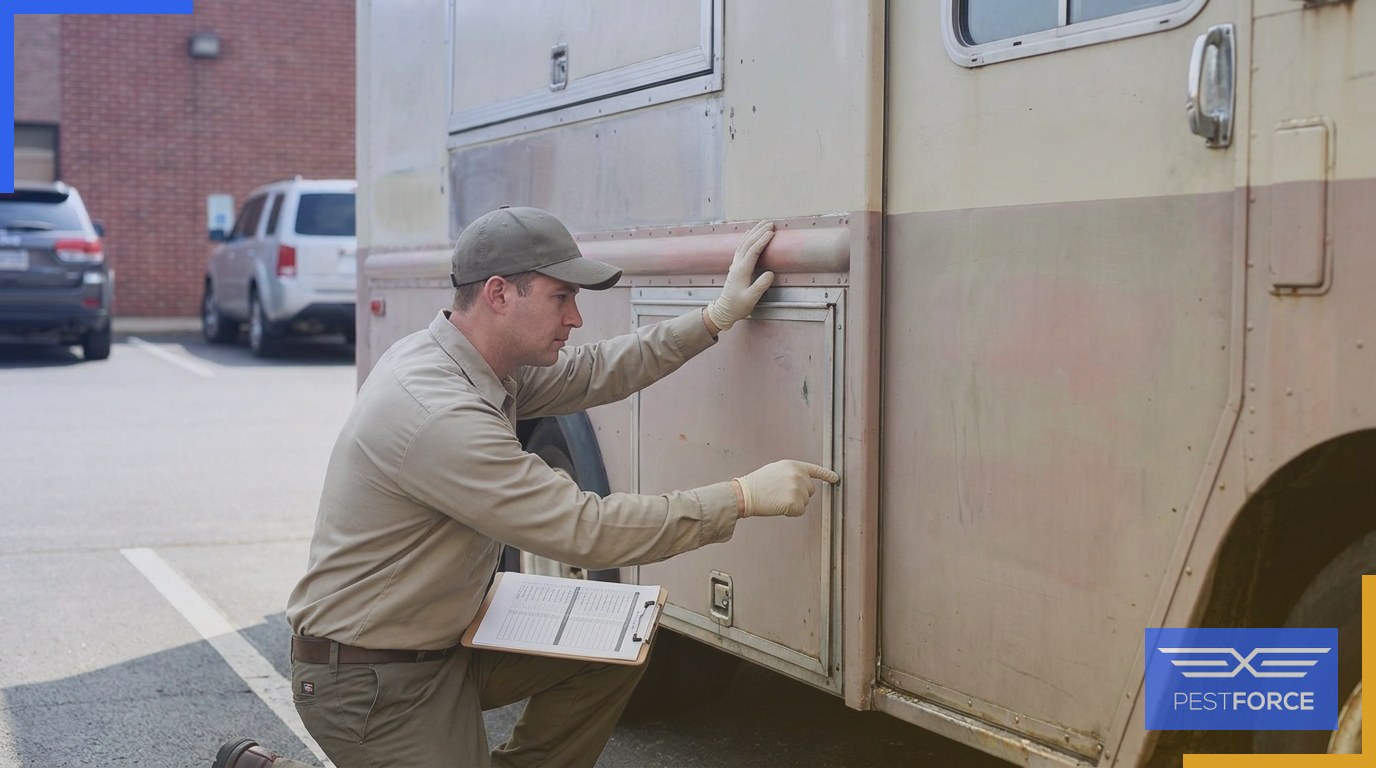 A pest control technician inspecting the exterior seams and utility panels of a food truck in a commercial parking lot.
