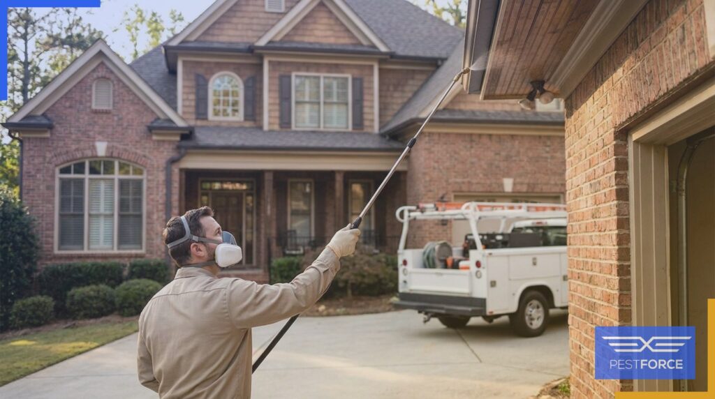 A pest control technician treating the exterior eaves of a residential home for spiders and stinging insects.