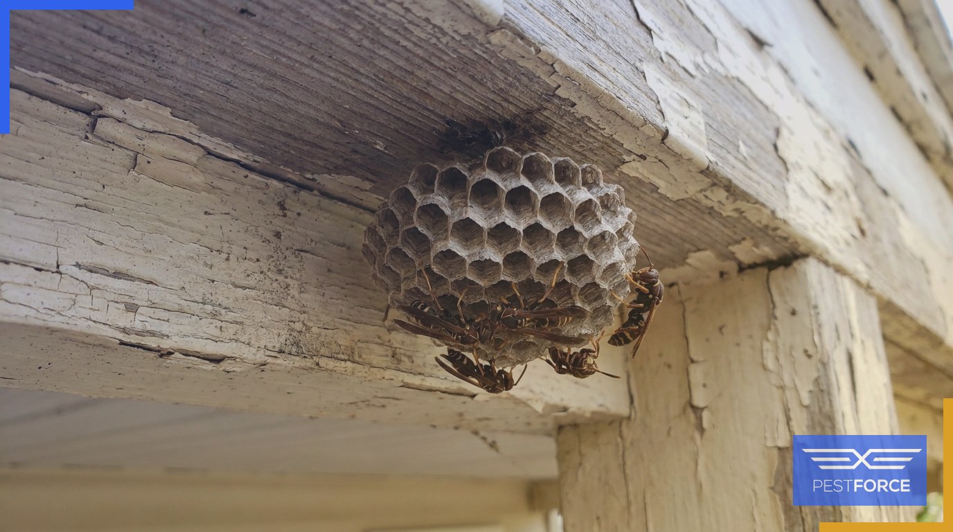 A paper wasp nest built on the underside of a wooden porch overhang with wasps resting on it.