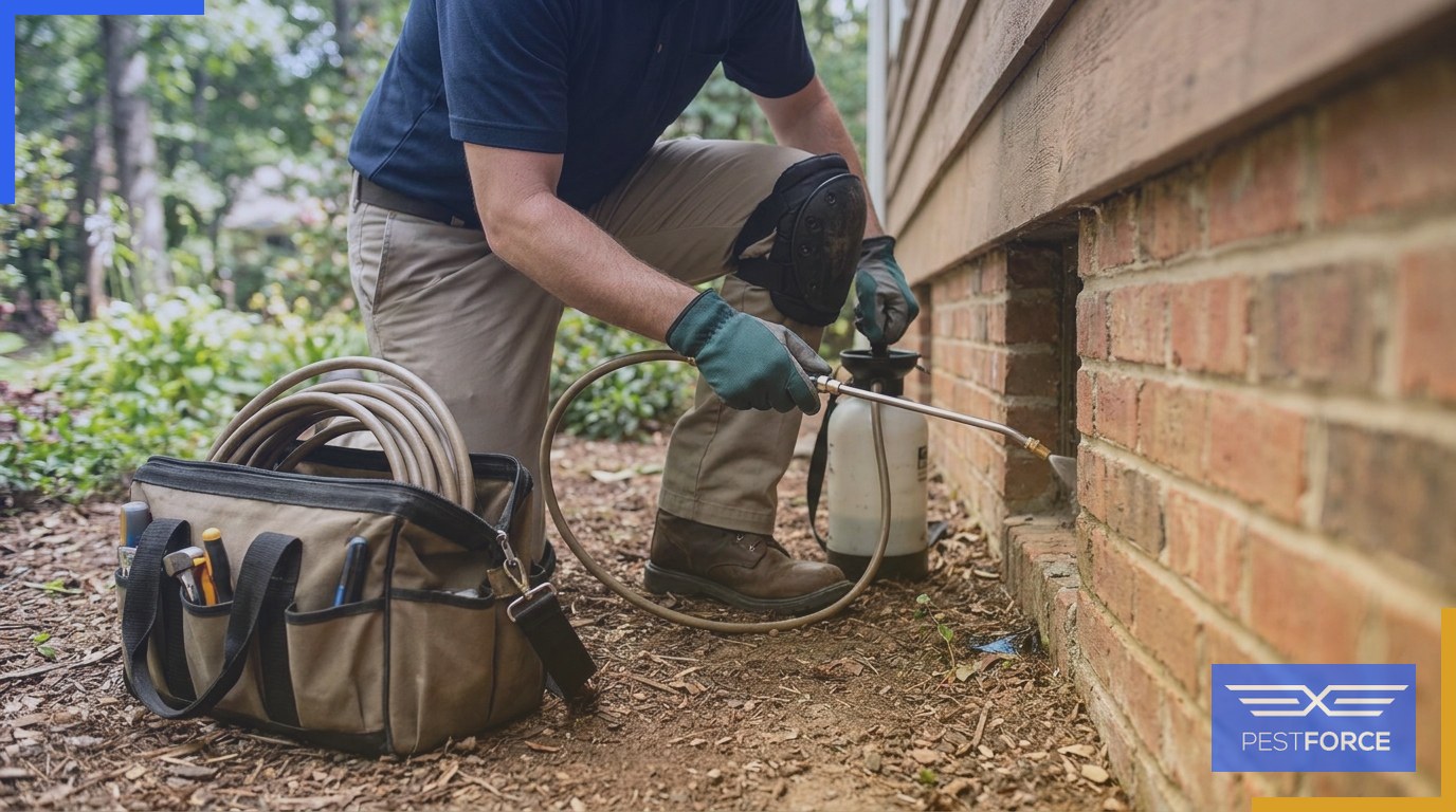 A pest control technician applying a residual perimeter treatment along a home's foundation line to control spiders.