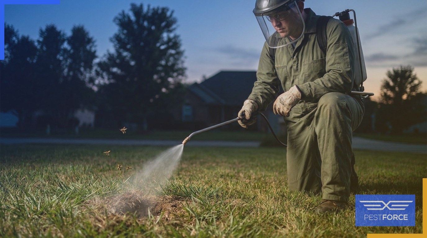 A pest control technician in protective gear treating an underground yellow jacket nest in a residential yard.