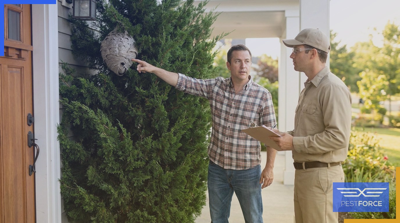 A homeowner and pest control technician examining a large hornet nest hidden in a shrub near a home's front entry.