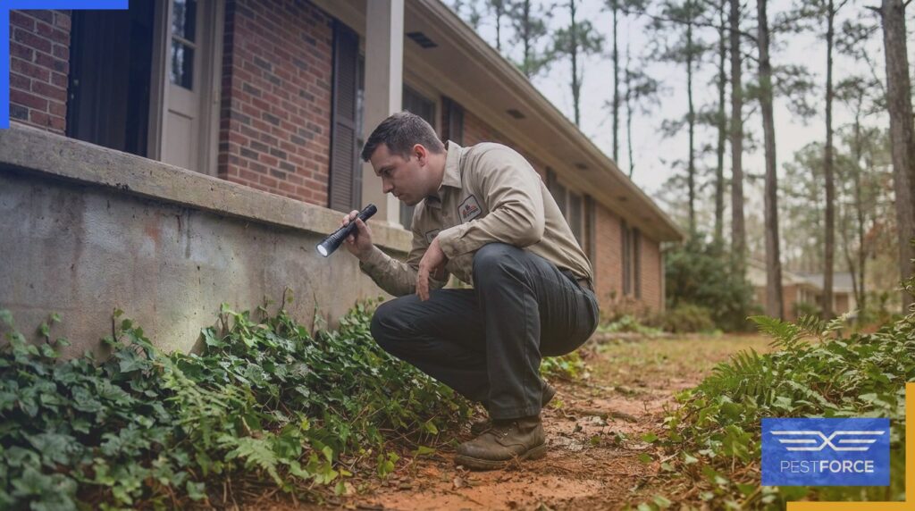 A pest control technician inspecting the foundation of a Georgia home for subterranean termite activity.