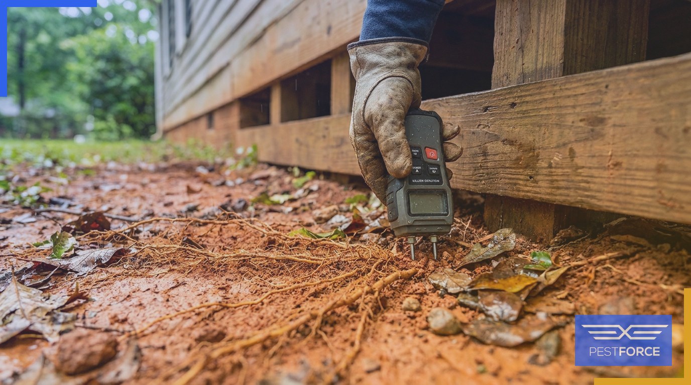 A pest control technician testing moisture levels in Georgia clay soil beside a home's foundation.