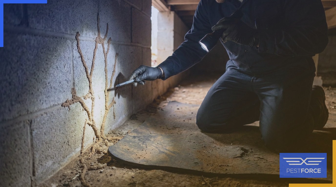 A pest control technician examining subterranean termite mud tubes on a crawl space foundation wall.