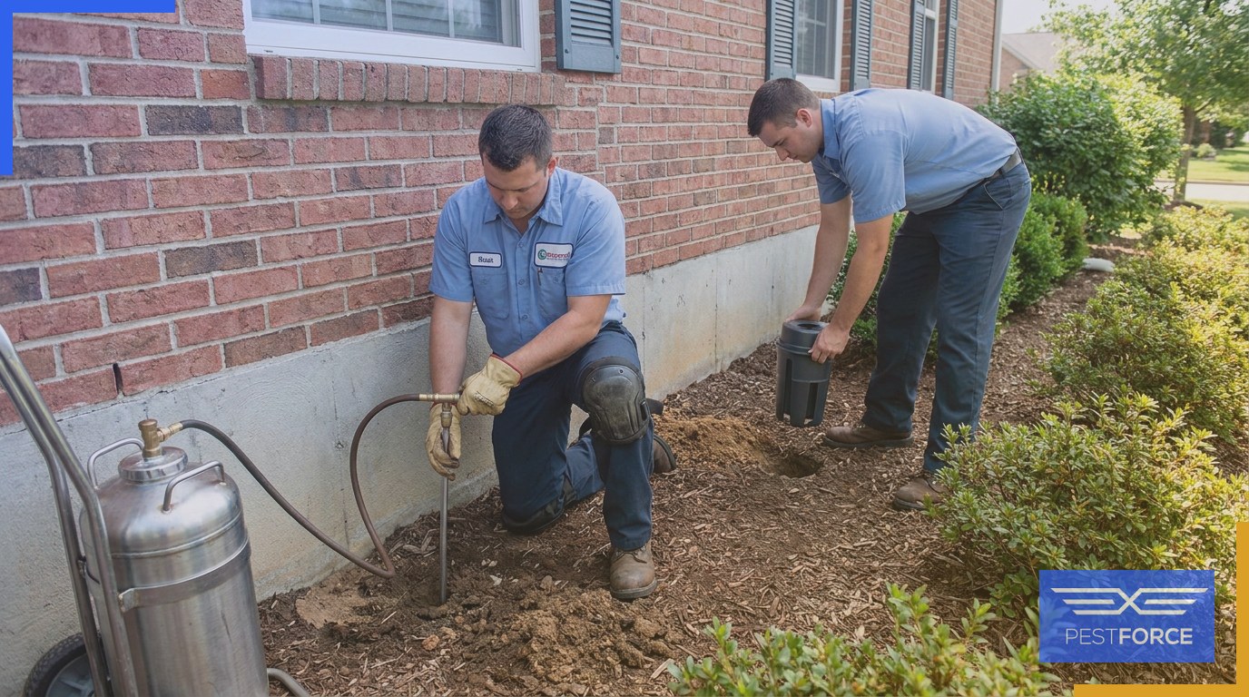 Pest control technicians applying a liquid termiticide soil barrier and installing bait stations around a home's foundation.