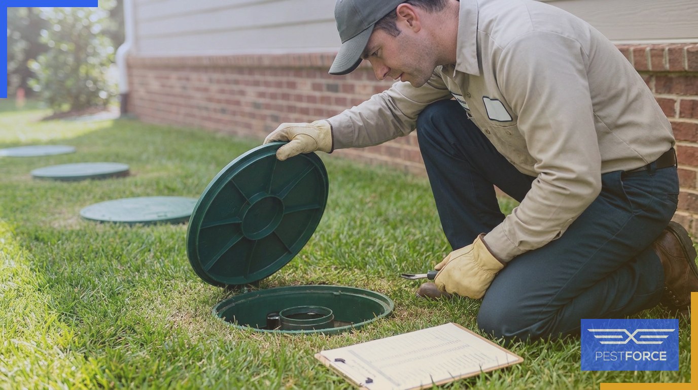 A pest control technician checking an in-ground termite bait station during an annual monitoring inspection.