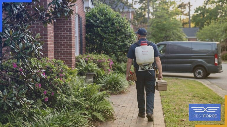 A pest control technician approaching a residential home in Georgia with professional equipment.