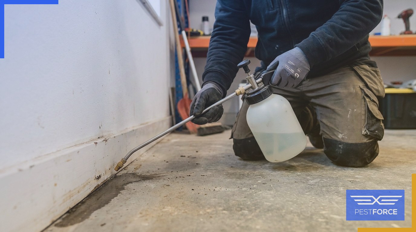 A pest control technician applying a chemical pesticide residual barrier treatment along an interior baseboard.