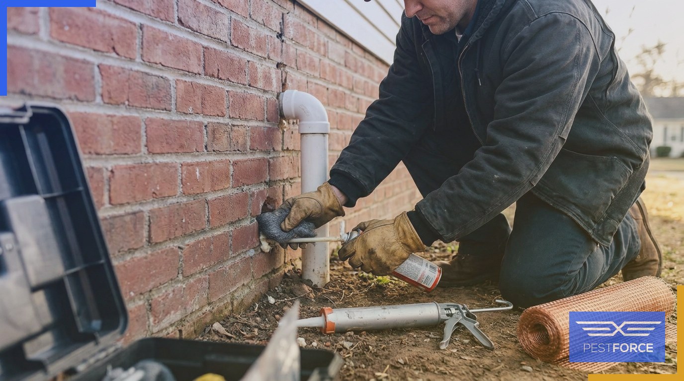 A pest control technician sealing a foundation gap around a utility pipe penetration to exclude pests.