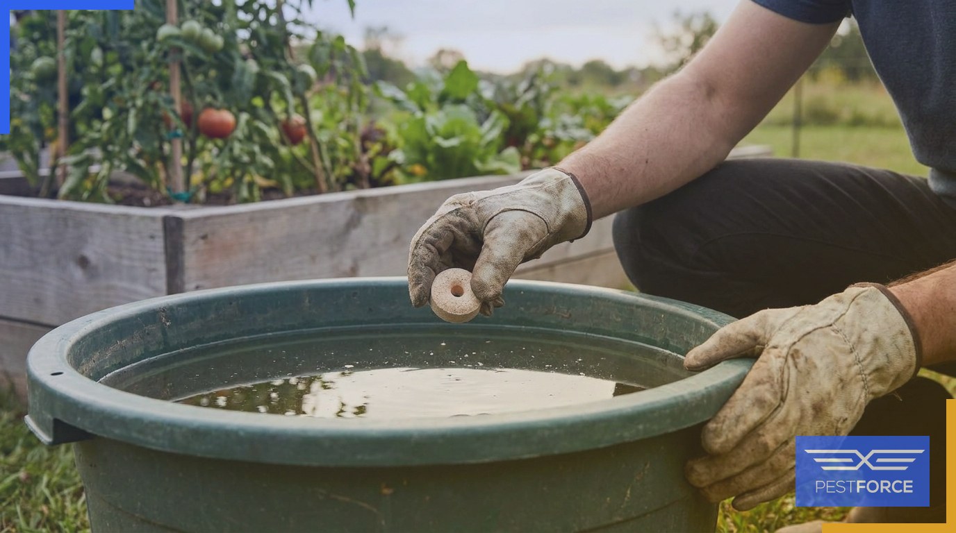 A homeowner applying a biological mosquito control tablet to standing water in a backyard rain barrel.
