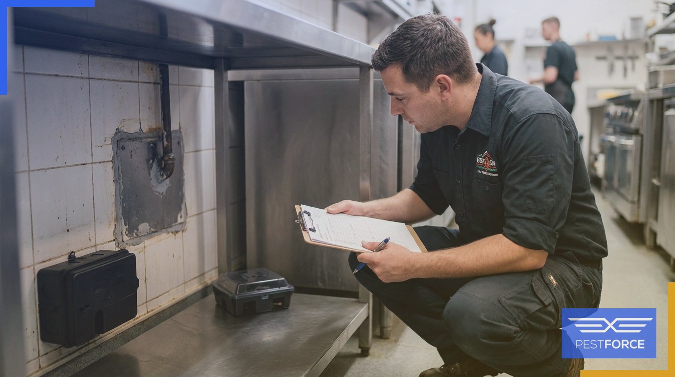 A pest control inspector conducting an Integrated Pest Management monitoring check inside a commercial kitchen.