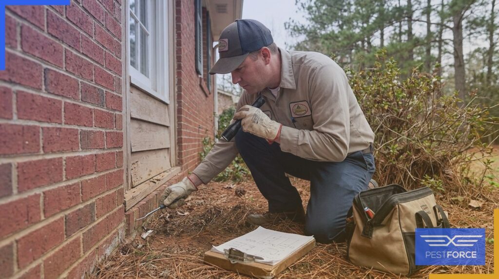 Licensed termite inspector examining the foundation perimeter of a Georgia home with a flashlight and probe tool.