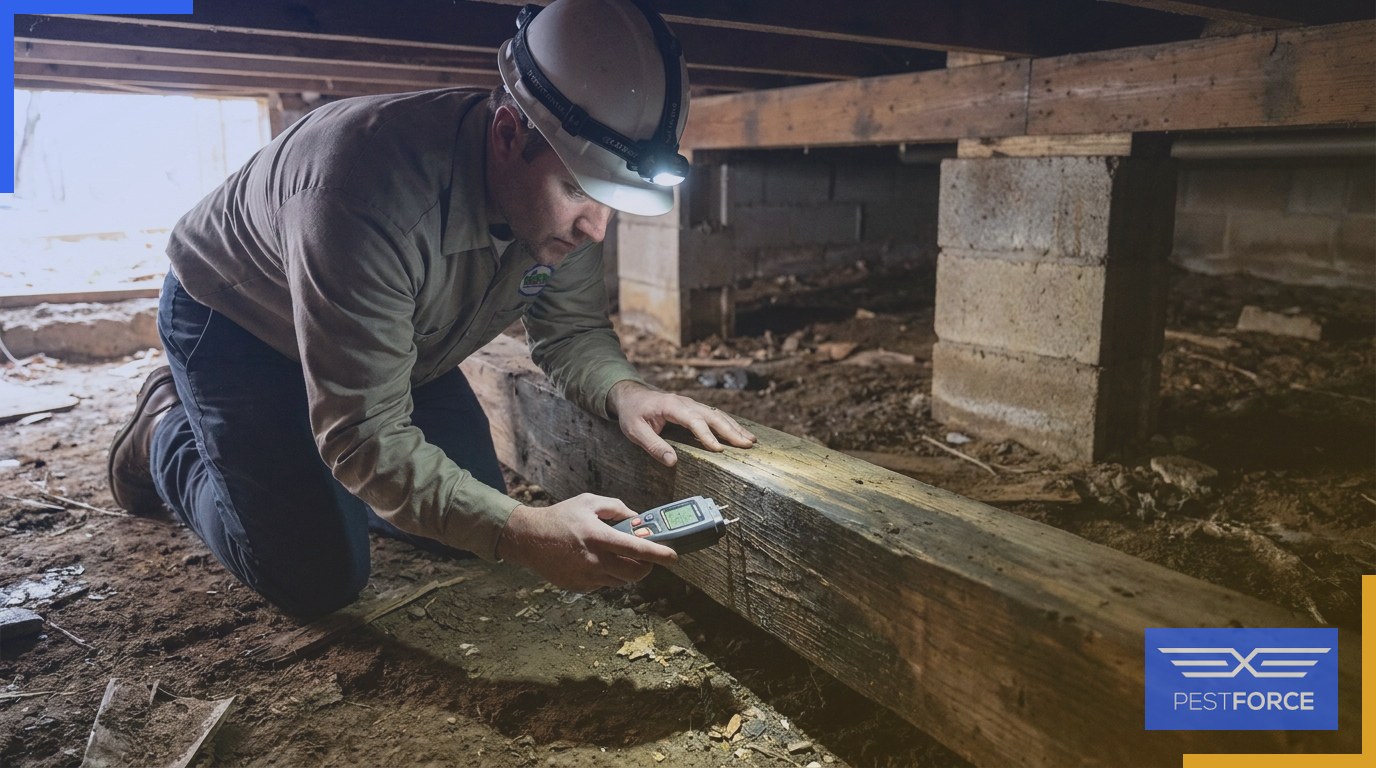 Termite inspector using a moisture meter on wooden floor joists inside a residential crawl space.