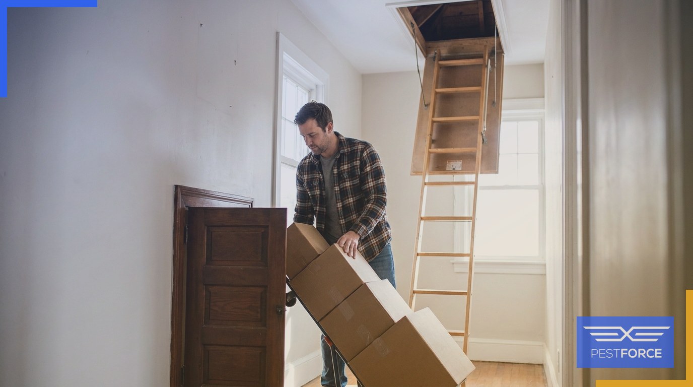 Homeowner clearing boxes away from a crawl space access door to prepare for a termite inspection.