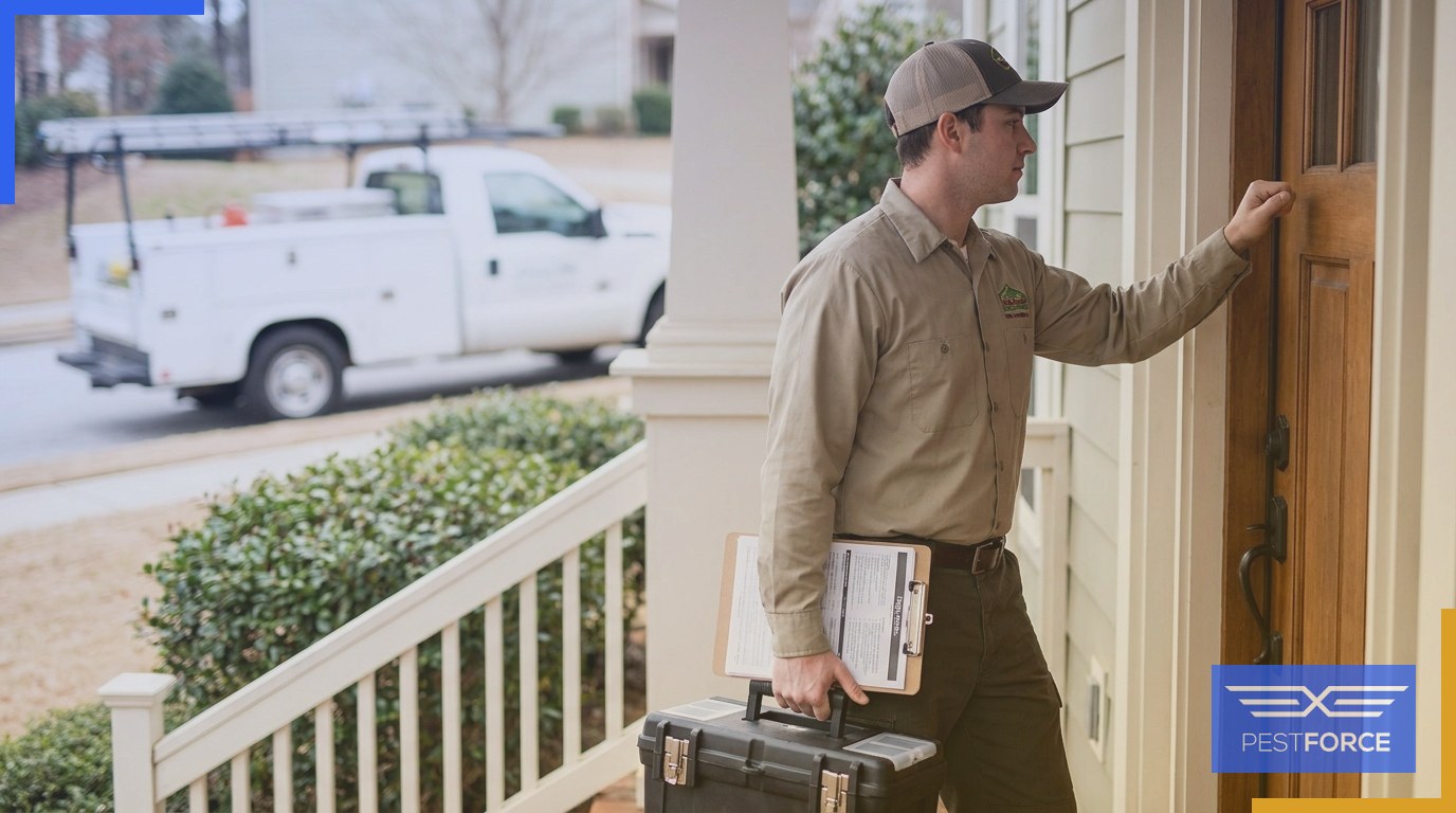 Pest control technician arriving at a Georgia home for an annual termite monitoring visit.