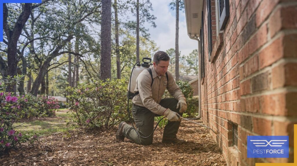 Pest control technician applying termite treatment along the exterior foundation of a Georgia home.