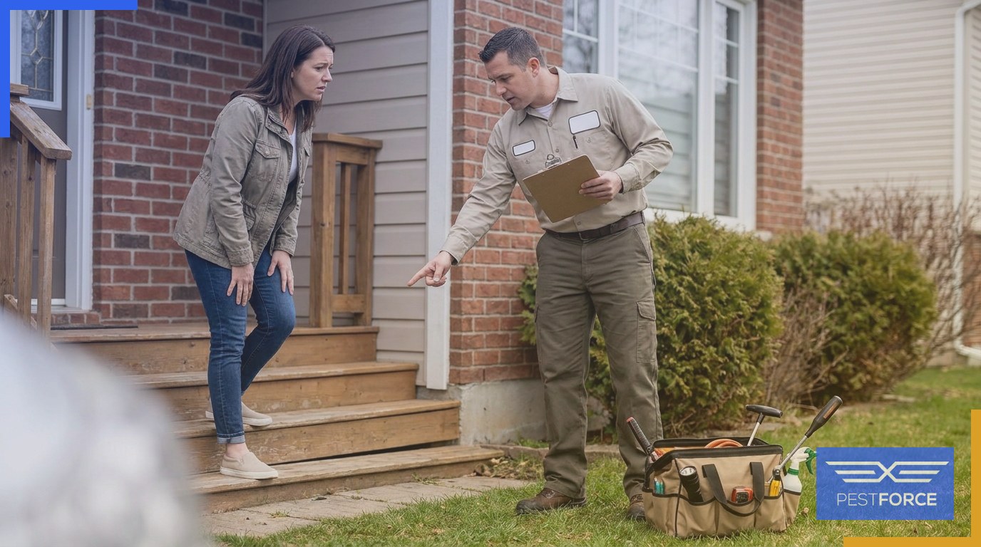Pest control technician discussing termite treatment options with a homeowner outside a Georgia residence.