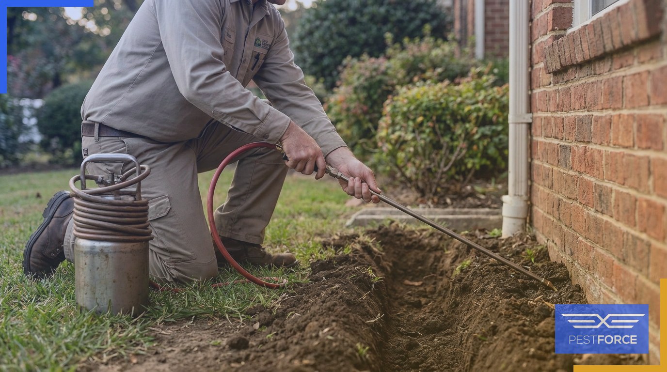 Technician applying liquid termiticide barrier treatment into a trench along a home's foundation perimeter.