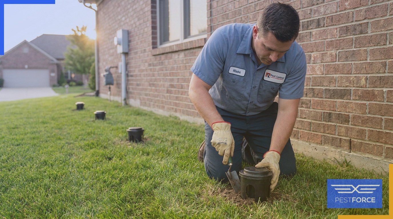 Pest control technician installing an in-ground termite bait station in the soil around a residential structure.