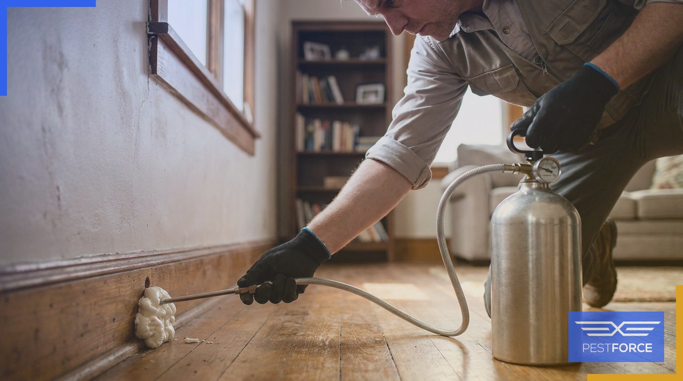 Technician injecting expanding termiticide foam into a wall void to treat a drywood termite infestation.